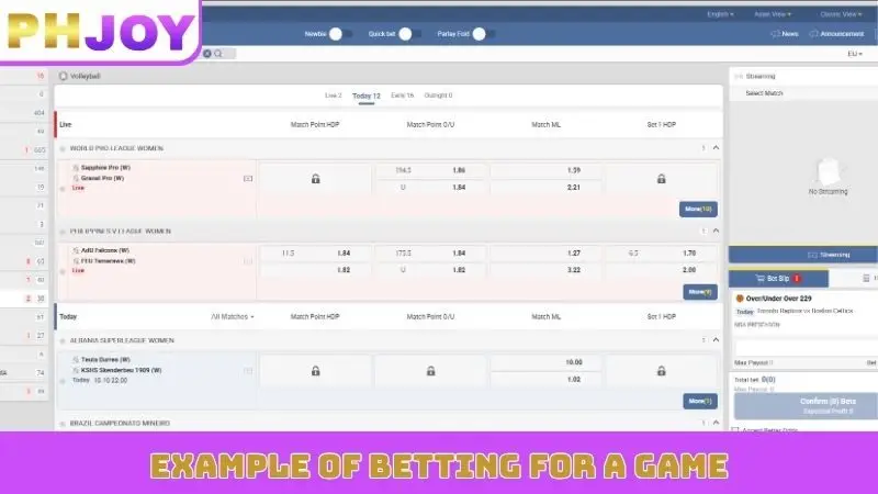 Example of betting for a game